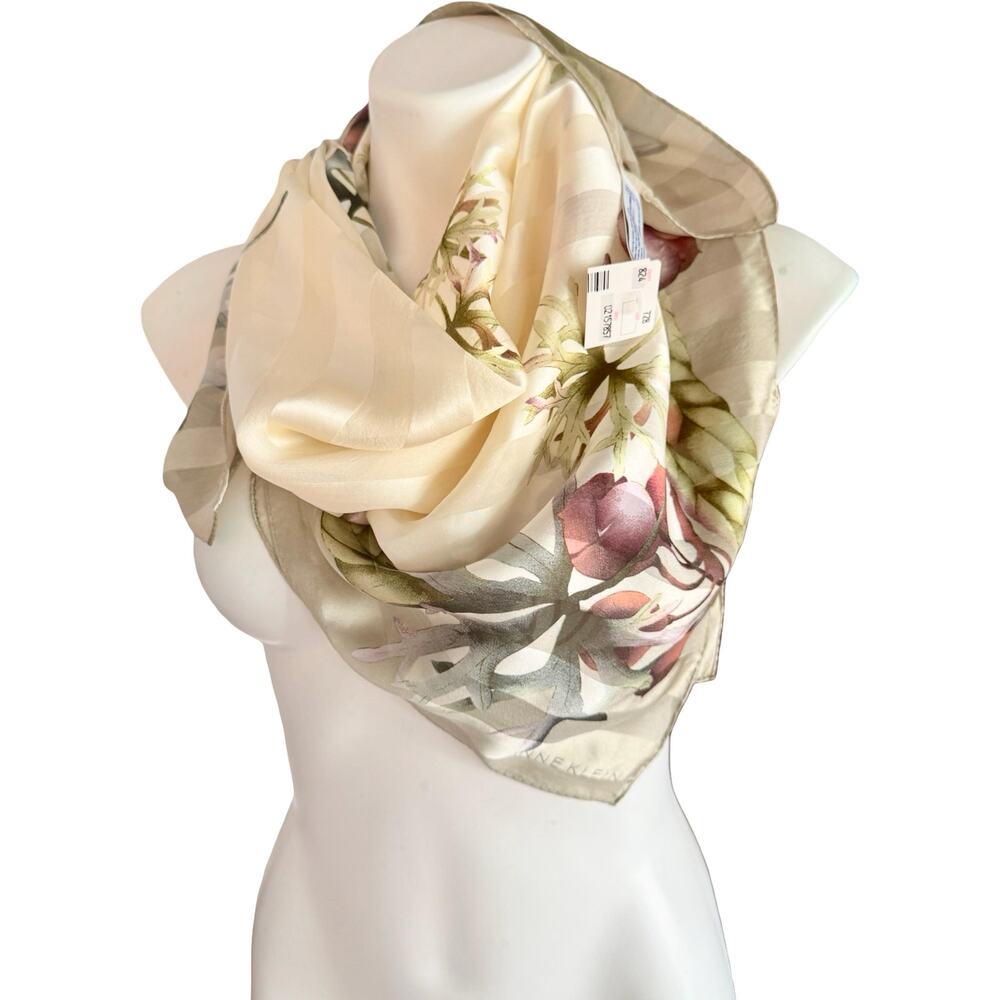 Vintage Anne Klein 1990s Silk Ivory Striped Pomegranate Scarf NWT 34x34 - Picture 6 of 11